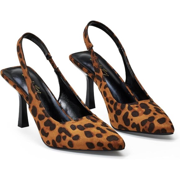 Women Brown Leopard Satin Pointed Closed Toe Slingback Mid Heels Stiletto Pumps - Picture 3 of 9
